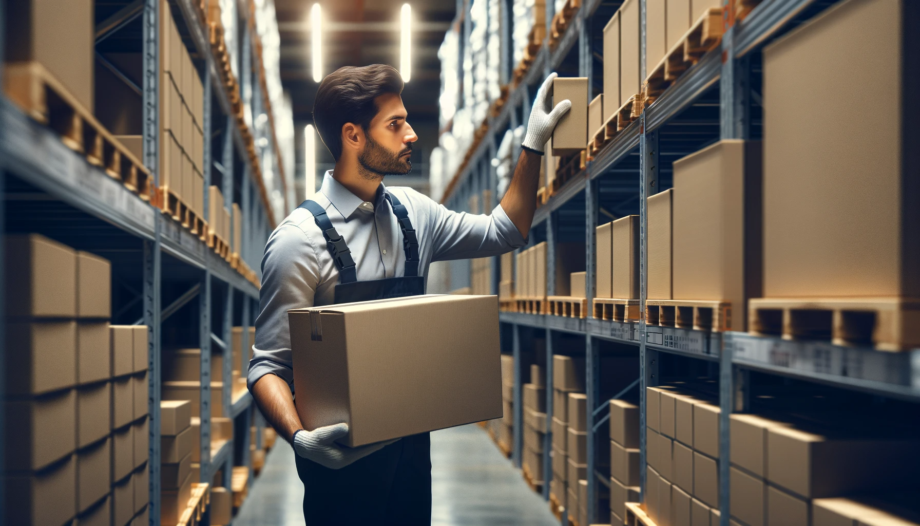 DALL·E 2023-11-22 04.41.38 - A realistic 16_9 image of a warehouse staff member about to place a box on a shelf in a warehouse. The staff should be in the foreground, holding a bo