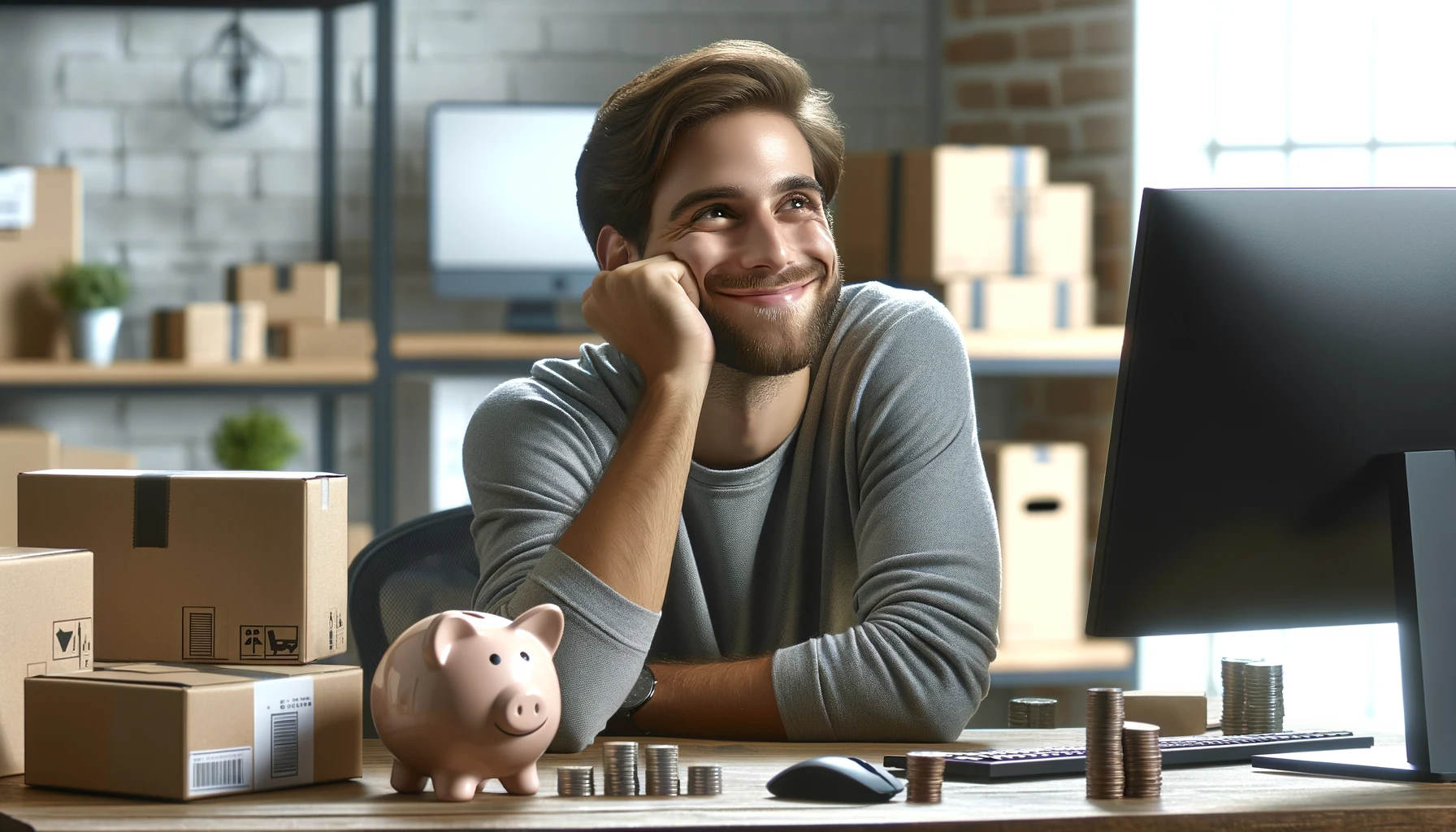 A person in a modern office environment, expressing subtle happiness with a closed-mouth smile