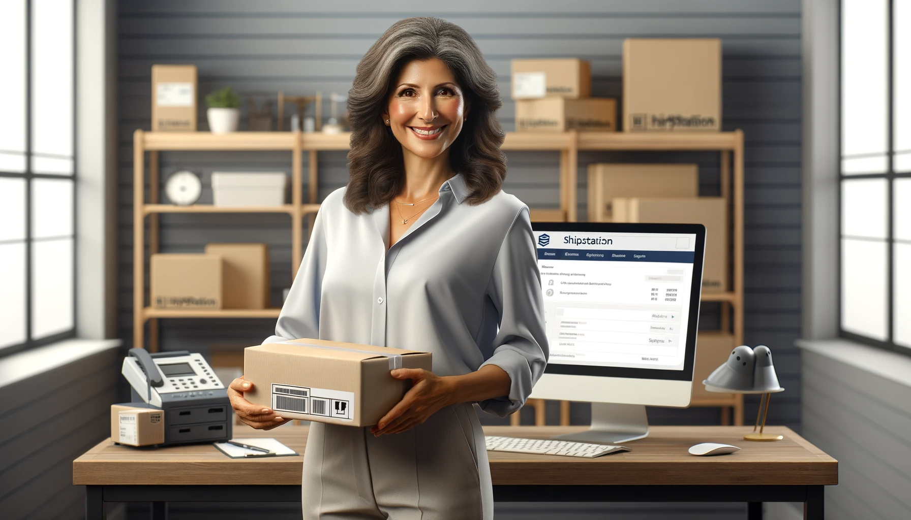 DALL·E 2023-11-29 03.08.18 - A highly realistic image of a happy business owner, a middle-aged Hispanic woman, in her home office. She is standing confidently with a package box i