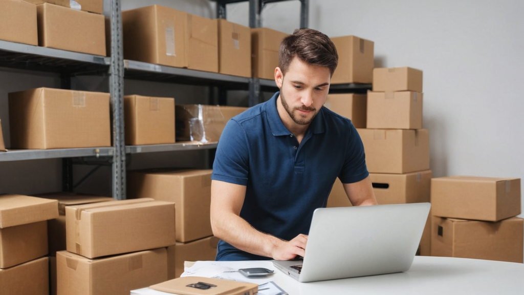 A man in a dark blue polo shirt managing inventory on a laptop in a warehouse with many packages.