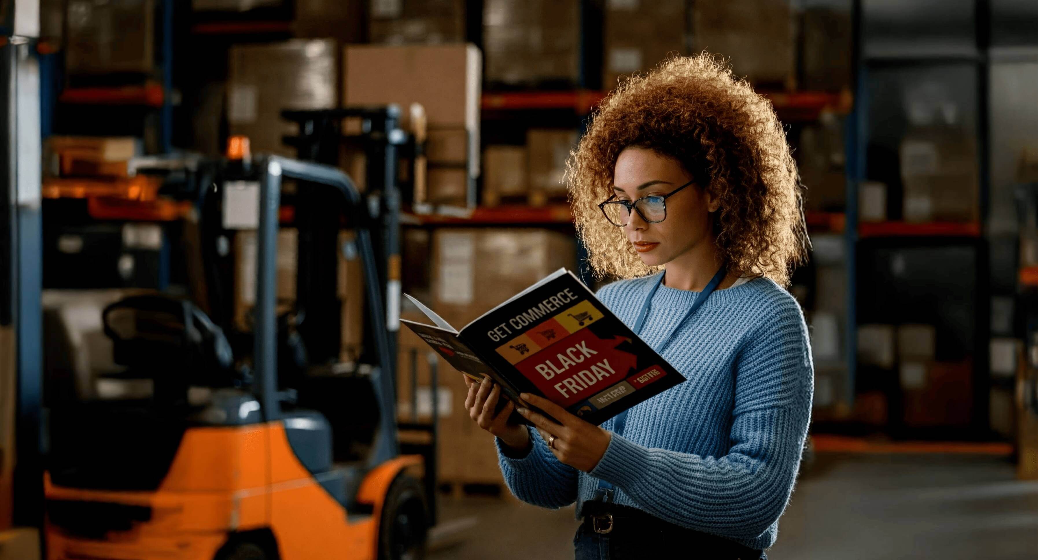 A woman in a warehouse reading a magazine about Black Friday