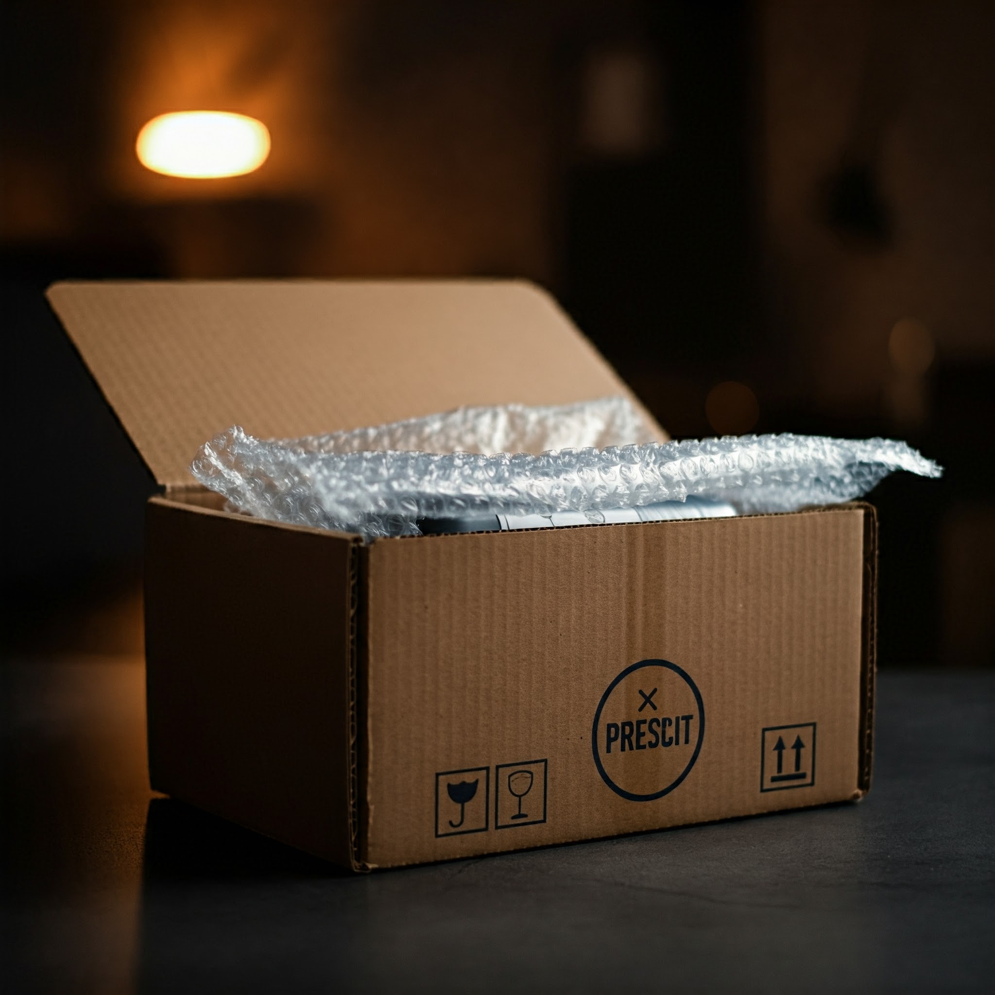 Open cardboard box with bubble wrap inside, with handling symbols.