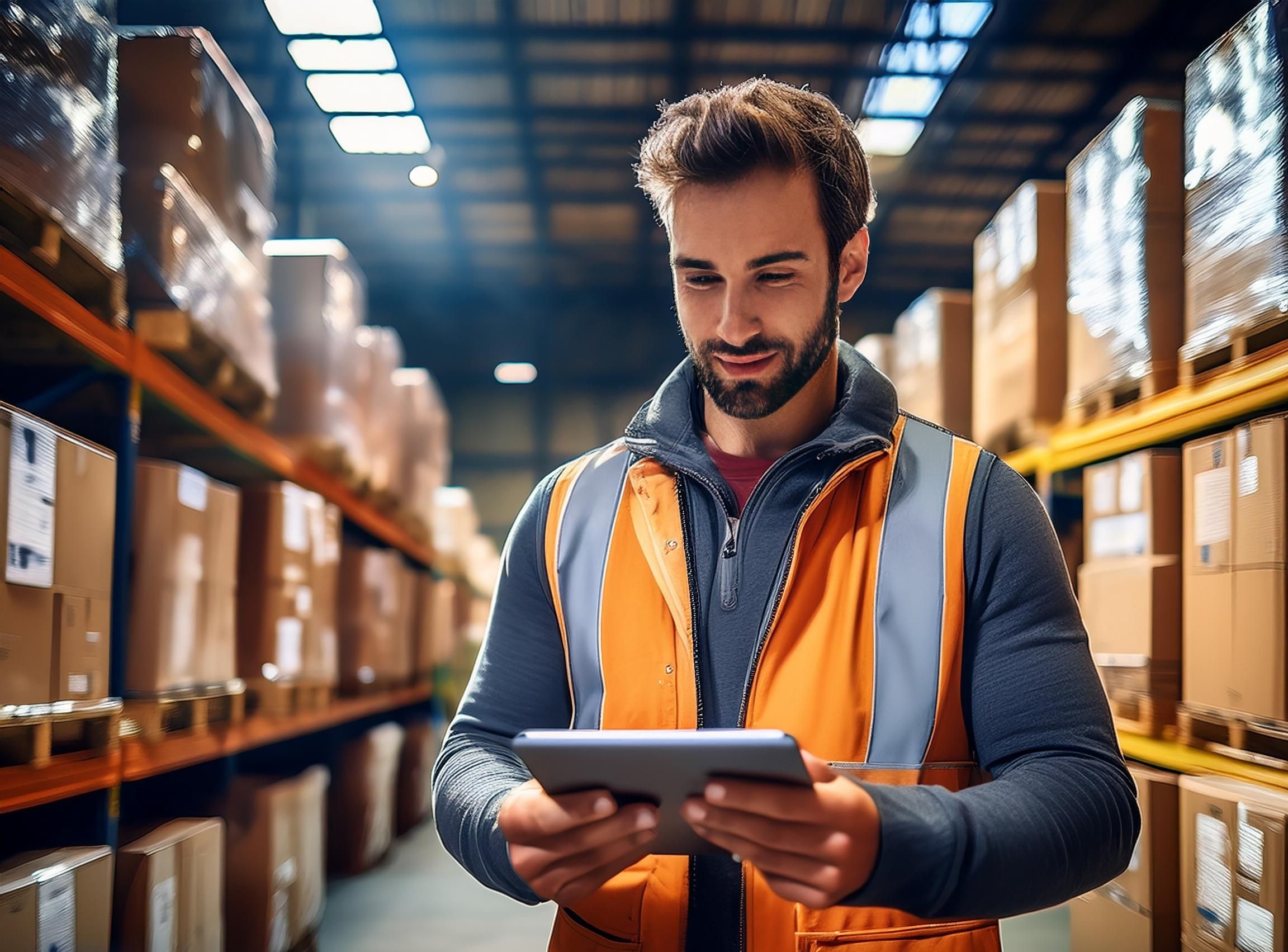 Un homme portant un gilet de sécurité orange utilise une tablette dans un entrepôt avec des étagères de boîtes.