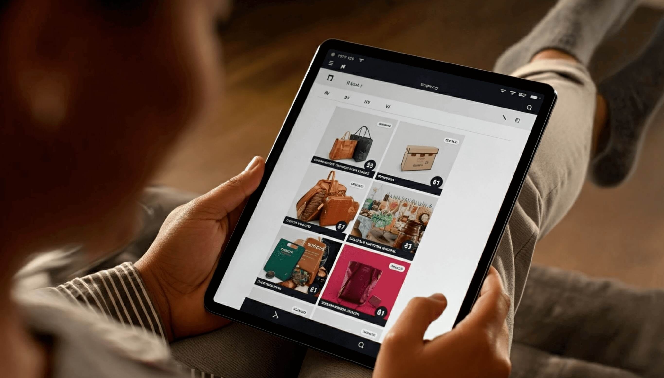 Person browsing leather goods on an online marketplace on a tablet